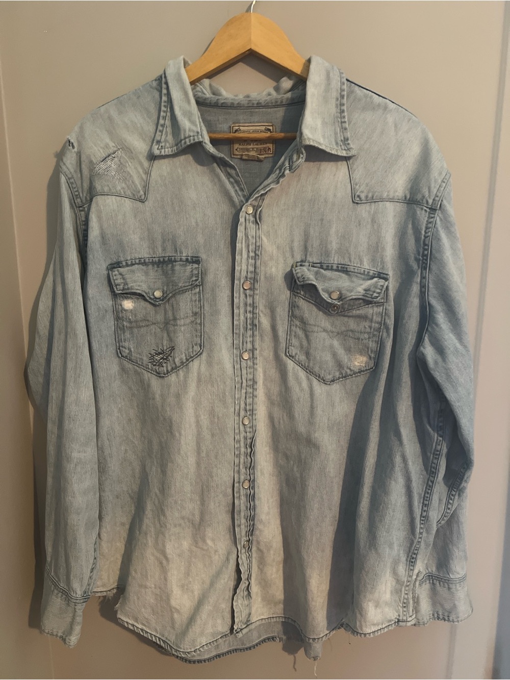 Polo by Ralph Lauren Light Blue Denim Button Up Shirt with USA Flag Patch